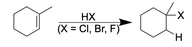 <p>The halogen is added on the more substituted side of the alkene and a hydrogen is added on the less substituted side</p>