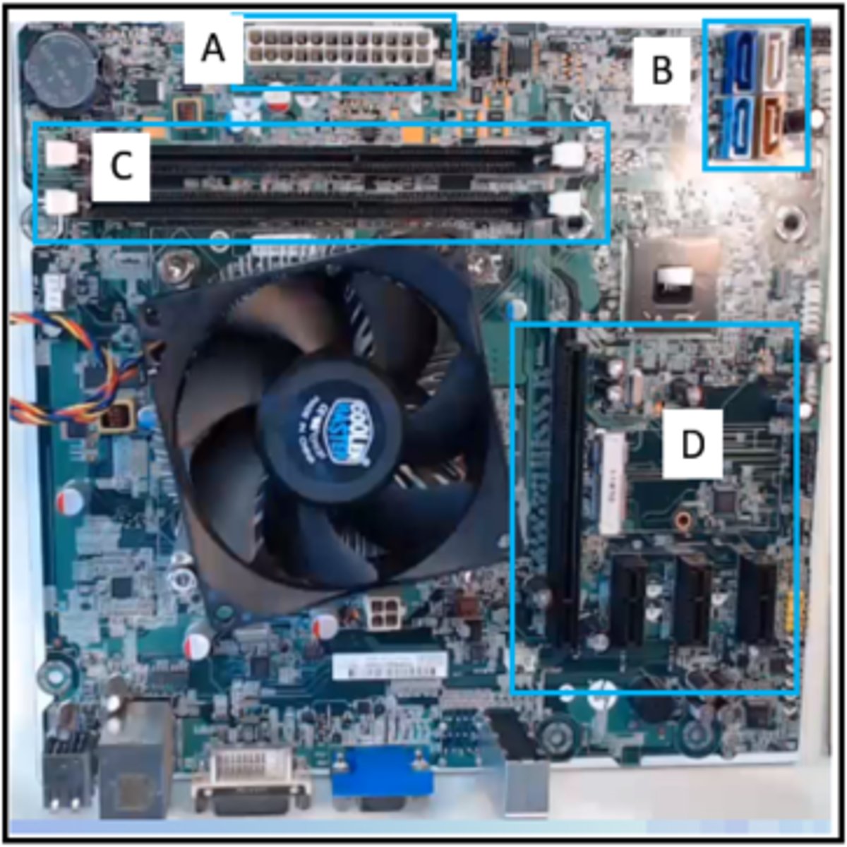 <p>Refer to the exhibit. In which section of the motherboard would a memory module be installed?</p><p>section D</p><p>section C</p><p>section B</p><p>section A</p>