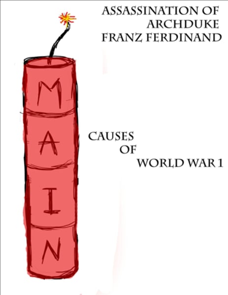 <p><strong>M</strong>ilitarism - New military technologies &amp; glorification of war. </p><p><strong>A</strong>lliances - Most nations sign secret alliances. Allies and central      powers mainly. </p><p><strong>I</strong>mperialism - Competition and smaller wars over territory. </p><p><strong>N</strong>ationalism - French-German boarder conflicts &amp; ethnic nationalism.</p>