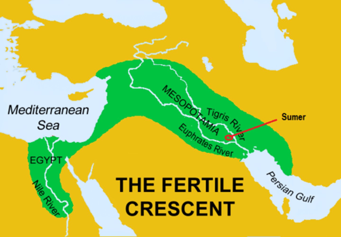 <p>Meaning the land between two rivers (Tigris &amp; Euphrates) in modern day Iran, it is considered the world's first civilization. Also known as the Fertile Crescent.</p>