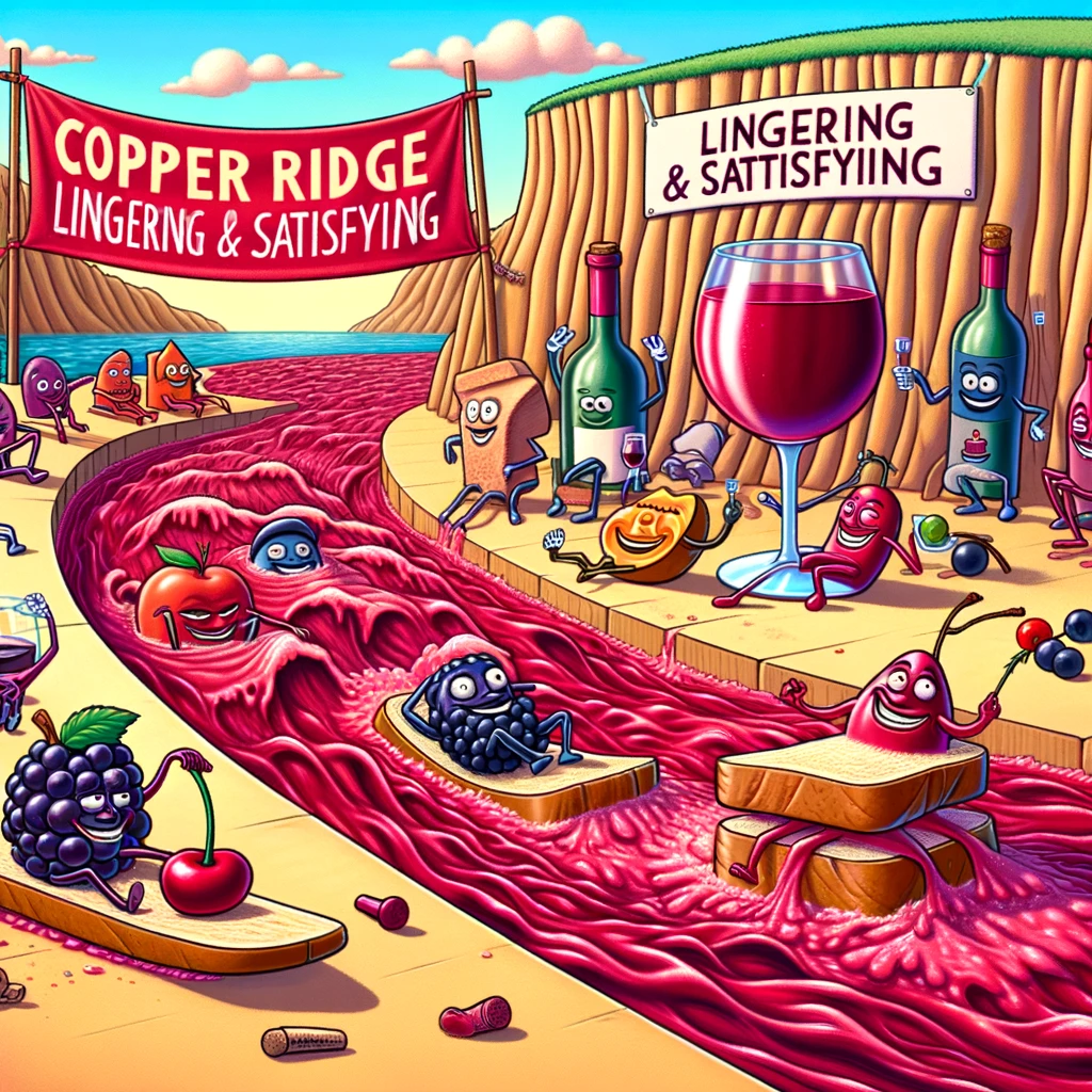 The creamy red wine river and lounging fruit characters emphasize the rich flavors, while the cheering corks and "Lingering & Satisfying" finish line highlight the smooth, velvety conclusion.