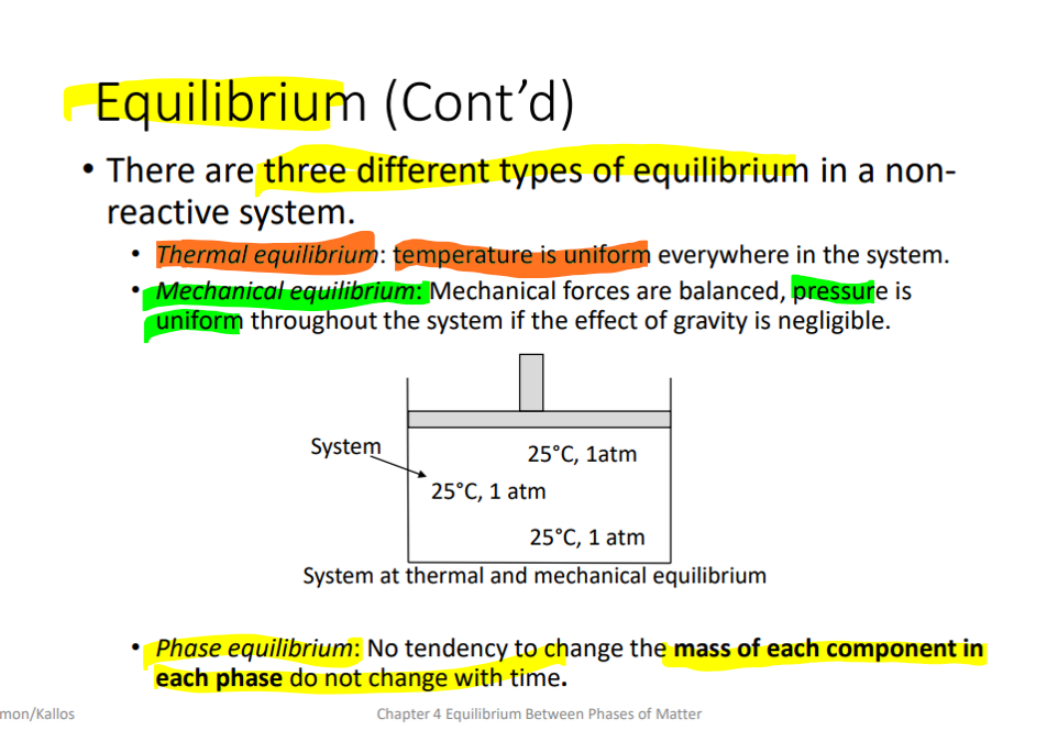 Thermal Eq'm: Temperature is uniform everywhere in the system
Mechanical Eq'm: Mechanical forces are balanced, pressure is uniform, gravity is negligable
Phase Eq'm: the mass of each component does not change over time 