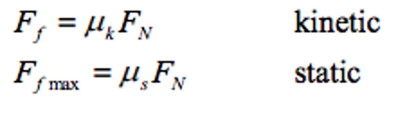 <p>- static friction: prevents an object from starting to move</p><p>- kinetic friction: force that acts when 2 objects slide</p>