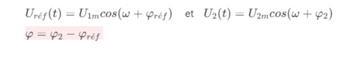 <p>Soit deux tensions définies par :</p><p>u<sub>ref</sub>(t) = <strong>U<sub>1m</sub>.cos(ωt +φ<sub>ref</sub>) </strong>et u<sub>2</sub>(t) = <strong>U<sub>2m</sub>.cos(ωt +φ<sub>2</sub>)</strong></p><p></p><p>Le déphasage algébrique <strong>φ </strong>de u<sub>2</sub>(t) par rapport à u<sub>ref</sub>(t) :</p><p><strong>φ = φ<sub>2</sub> - φ<sub>ref</sub></strong></p><p></p><p>avec u<sub>ref</sub> la <strong>référence de phase </strong>et <strong>φ </strong>compris entre -π et π</p>