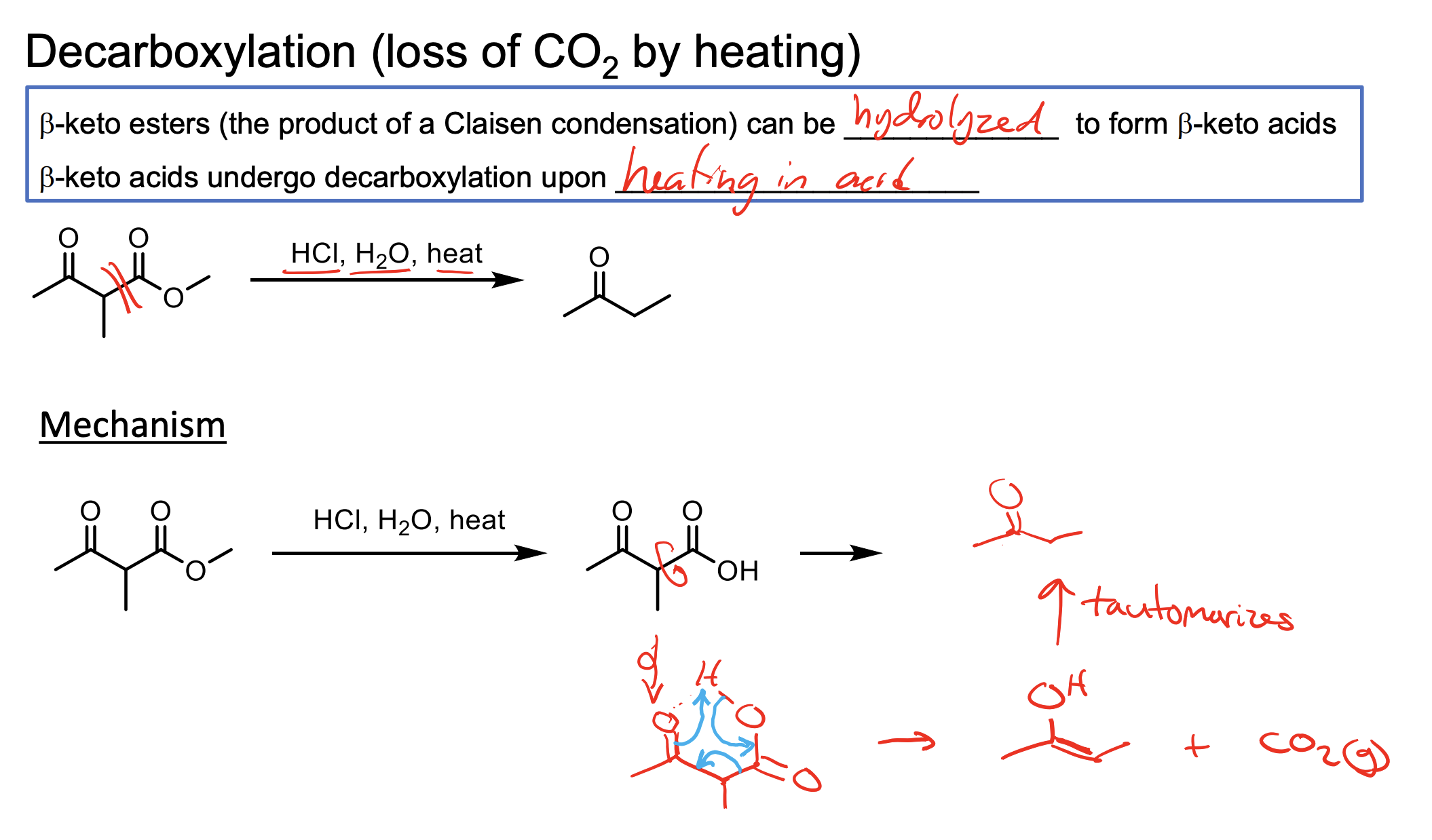 <ul><li><p>HCl, H2O, Heat convert the ketone to a carboxylic acid. </p></li><li><p>The pi bond of the ketone deprotonates the highly acidic carboxylic acid Hydrogen, then the O-H bond pushes to form a O=C=O which pushes the C-C bond to the carbonyl forming an enolate. Just look. </p></li></ul><p></p>