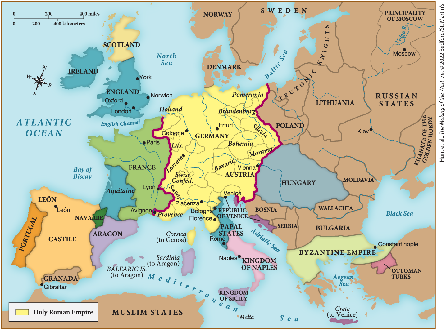 <p><span>In about 1340, the Holy Roman Empire controlled which of the following?</span></p>