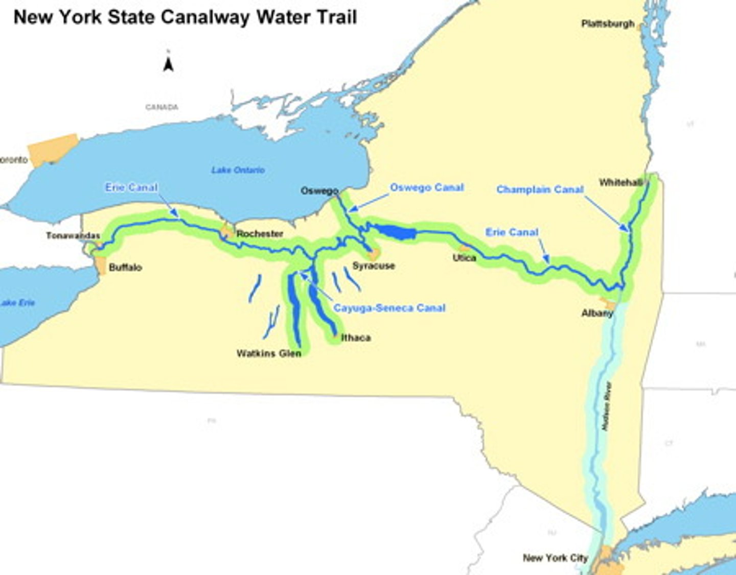 <p>A canal between the New York cities of Albany and Buffalo, completed in 1825. The canal, considered a marvel of the modern world at the time, allowed western farmers to ship surplus crops to sell in the North and allowed northern manufacturers to ship finished goods to sell in the West.</p>