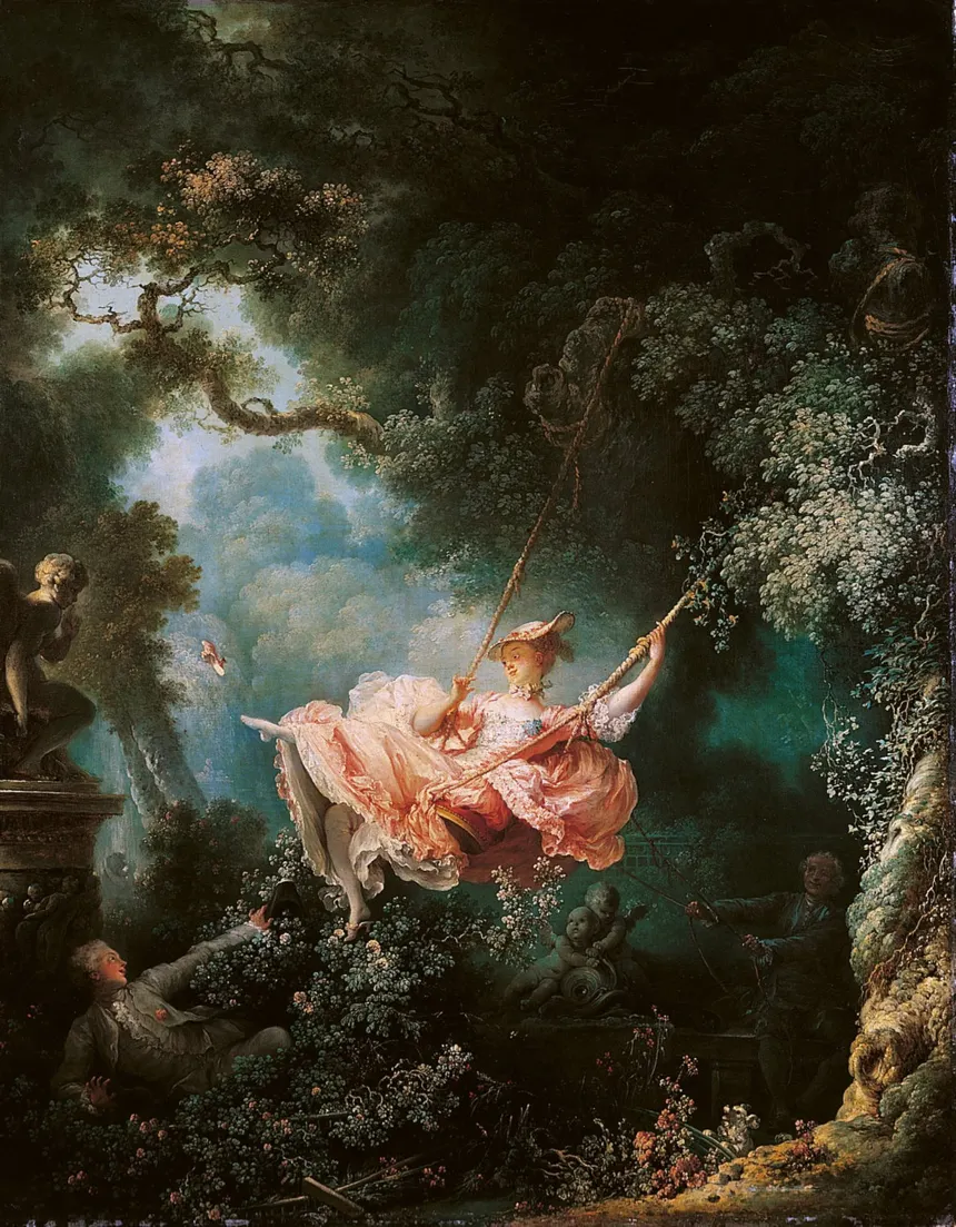 <ul><li><p><strong>ID Info:</strong> Jean-Honoré Fragonard, 1767, oil on canvas, France.</p></li><li><p><strong>Content:</strong> A young woman on a swing, pushed by an older man while a young suitor looks up her dress.</p></li><li><p><strong>Function:</strong> Reflects Rococo ideals of playfulness, romance, and aristocratic excess.</p></li><li><p><strong>Context:</strong> Created during the Rococo period, which focused on lighthearted and sensual themes.</p></li><li><p><strong>Form:</strong> Soft pastel colors, delicate brushwork, and light, airy composition.</p></li></ul><p></p>