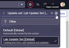<p>Click the <strong>Globe</strong> in the <strong>Unified Navigation Header</strong>.</p><p style="text-align: left">Click current <strong>Update Set</strong>.</p><p style="text-align: left">Click the <strong>Open Record</strong> icon.</p>