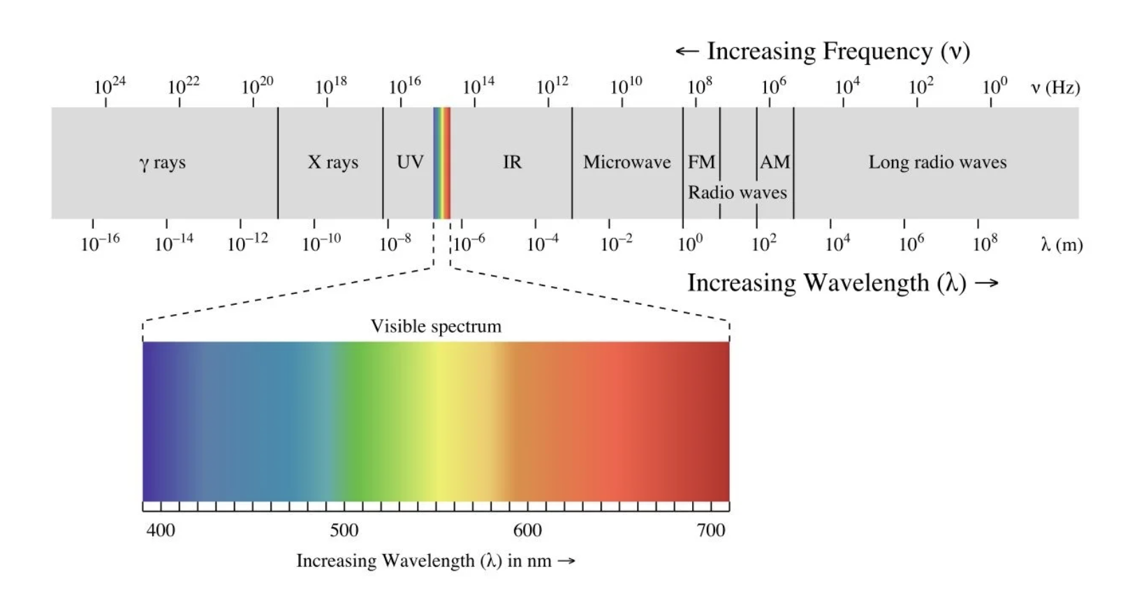 <p>Gamma</p><p>x-ray</p><p>UV</p><p>visible light </p><p>infared </p><p>microwave </p><p>FM AM radio waves</p><p>long radio waves </p>
