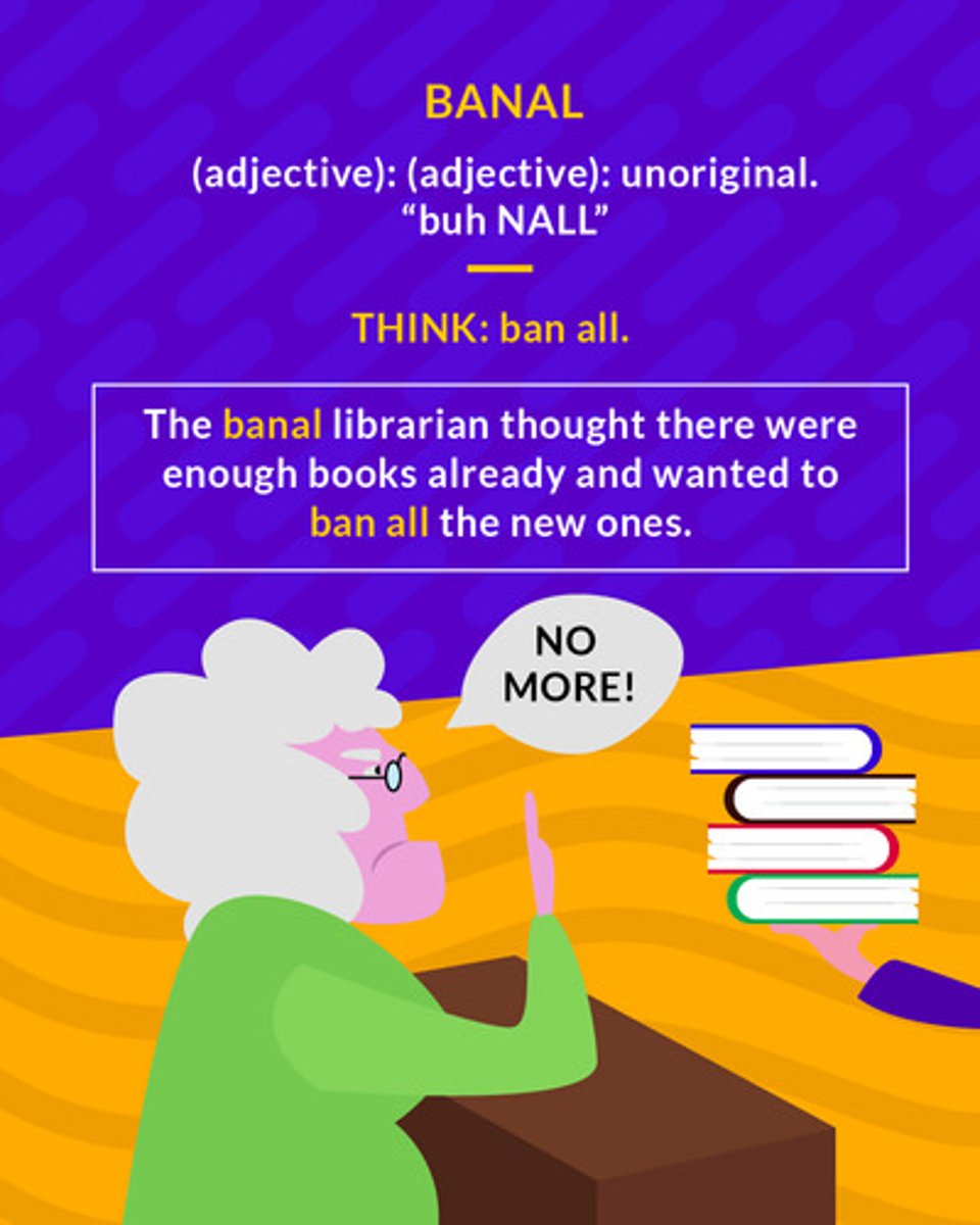 <p>(adj.) so lacking in originality as to be obvious and boring</p><p>(adj.) unoriginal</p>
