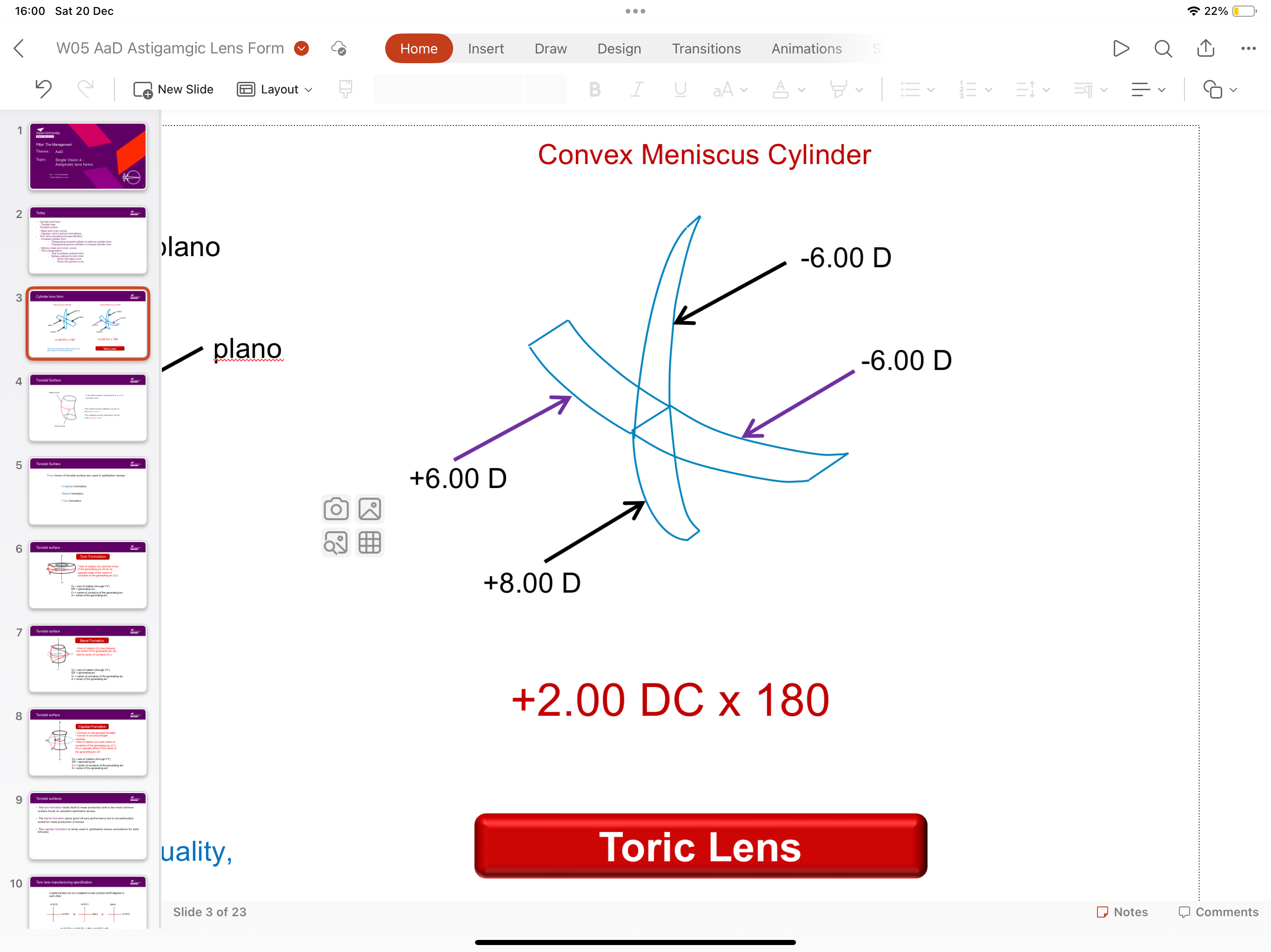 <p>A lens that has different powers in different directions to correct an astigmatic prescription </p>