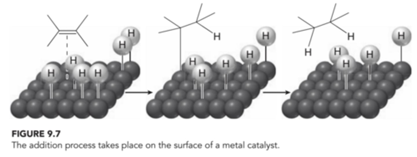 <p>A variety of metal catalysts can be used, such as Pt, Pd, or Ni. The process is believed to begin when molecular hydrogen(H2) interacts with the surface of the metal catalyst, effectively breaking the H-H bonds and forming individual hydrogen atoms adsorbed to the surface of the metal. The alkene coordinates with the metal surface, and the surface chemistry allows for the reaction between the pi bond and two hydrogen atoms, effectively adding H and H across the alkene. In this process, both hydrogen atoms add to the same face of the alkene, explaining the observed stereospecificity(syn addition)</p>