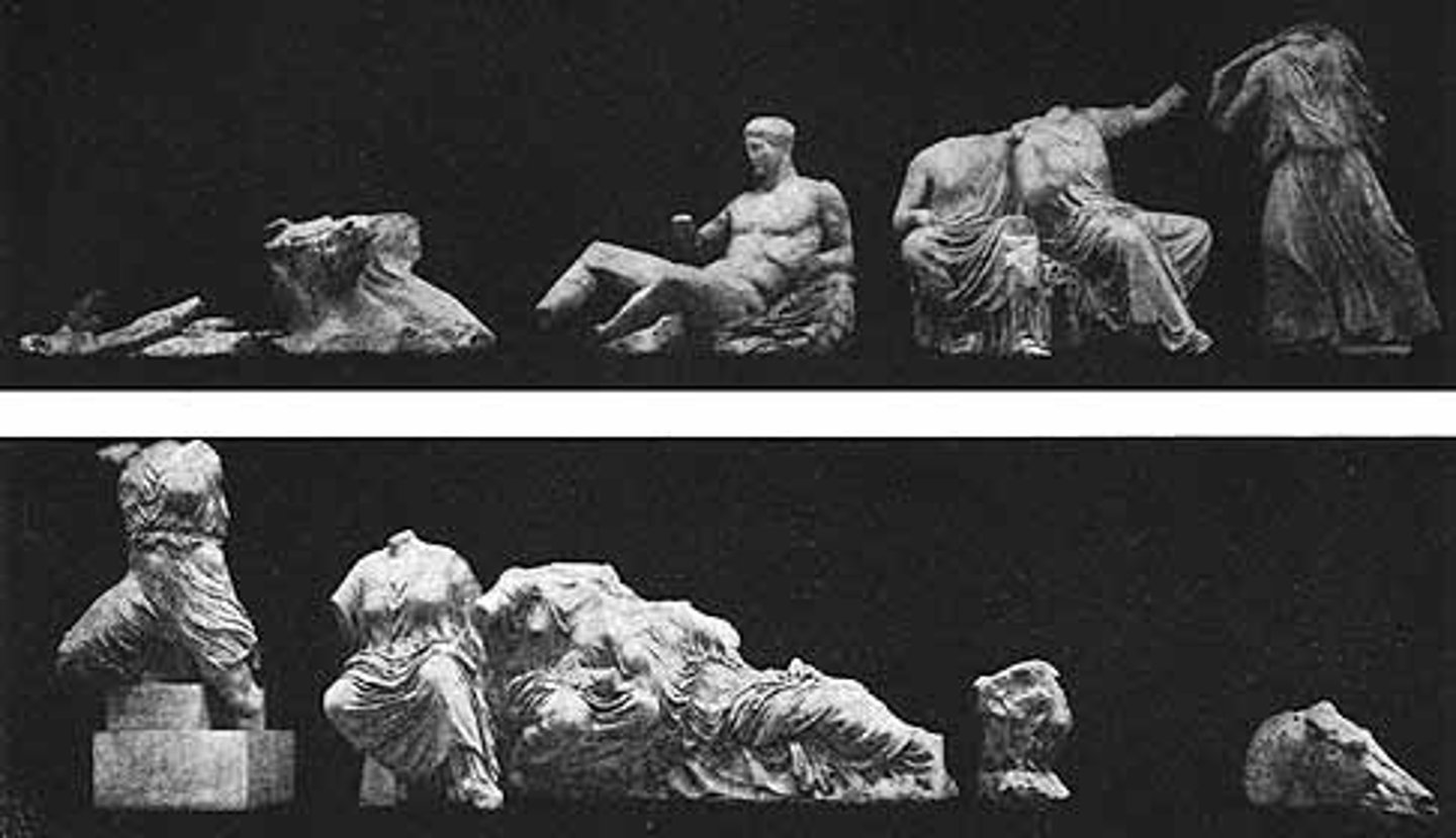 <p>- According to myth: Zeus had a headache because Athena was in his head (fully grown and wearing a full suit of Armor)</p><p>- Hestia (Hearth), Aphrodite (Love &amp; Sex), and her mother Dione are present; Emphasis on family groupings b/c birth scene</p><p>- Drapery creates drama</p>