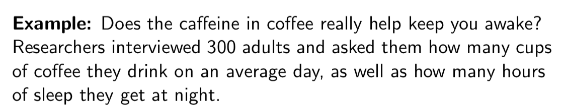 <p>Experimental design (<span>Suppose that we find that those who drink more coffee, get less sleep. Can we say conclude that co!ee causes people to get less sleep?)</span></p>