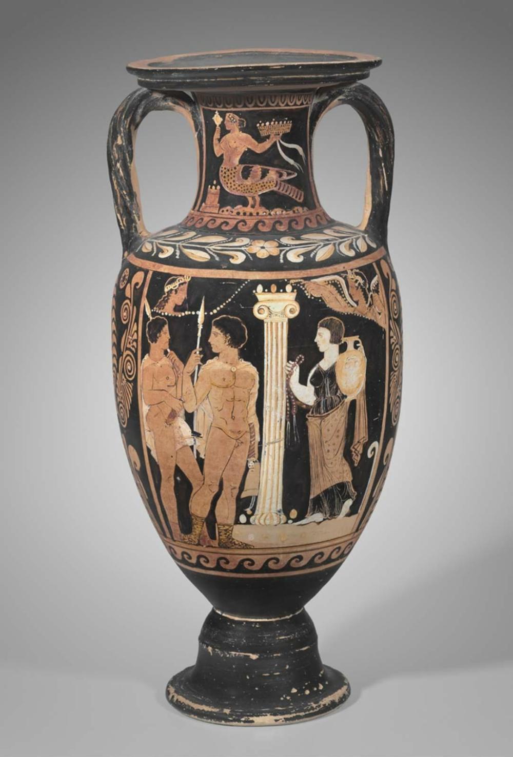 <p>Circle of the Brooklyn-Budapest Painter: Lucanian amphora - Orestes and Elektra at the Tomb of Agamemnon, Greek, c. 380-360 BCE</p>