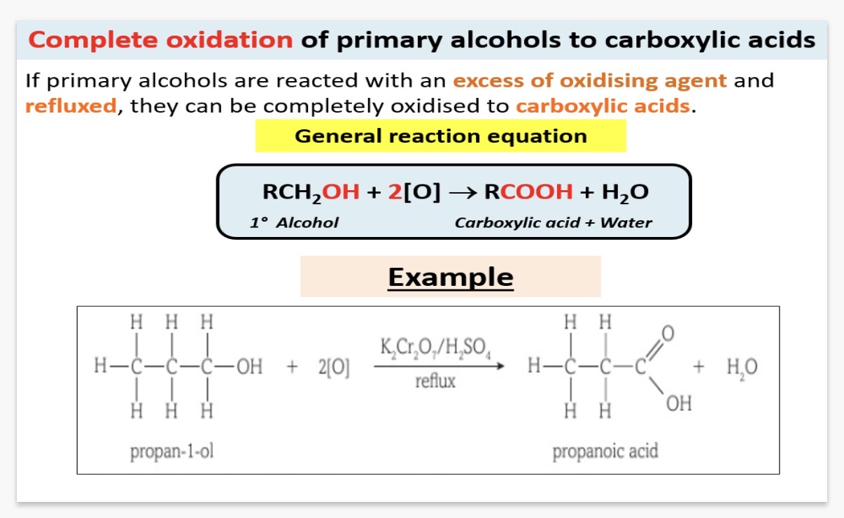 <p>Complete oxidation of primary alcohols to carboxylic acids:</p><p>primary alcohols are reacted with an …1? of oxidizing agent and …2?, they can be completely oxidised to carboxylic acids.</p><p>3.What is the general equation for this process?</p><ol start="4"><li><p>How do we ensure complete oxidation of the primary alcohol?</p></li><li><p>What is “reflux”?</p></li><li><p>Heating under reflux refers to heating a reaction mixture without losing any of the volatile solvents or reactants.</p></li></ol><p>What is the importance of heating under reflux?(refer to the practical)</p><p></p>