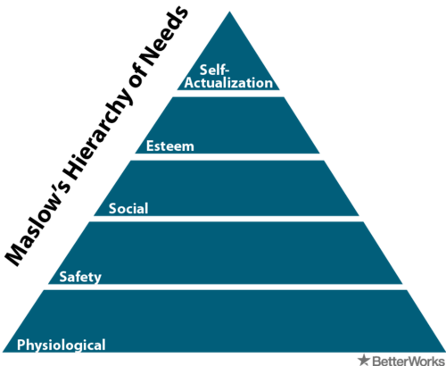 <p>physiological, safety, love/belonging, esteem, self-actualization</p>