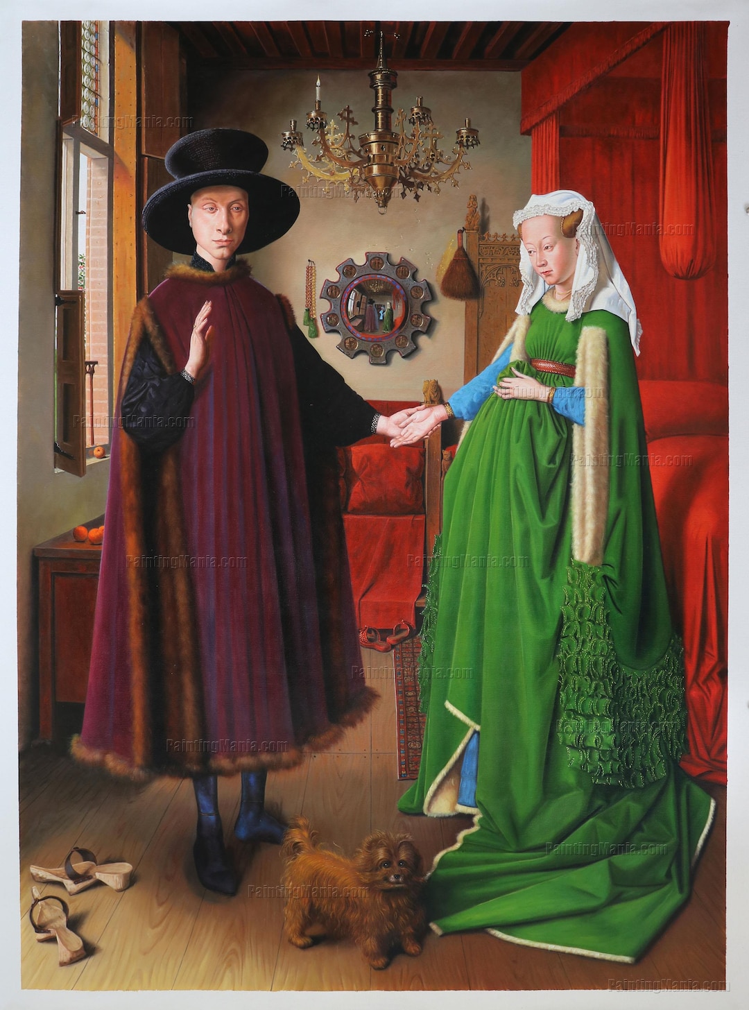 <p>Painted by <span><strong><mark data-color="yellow" style="background-color: yellow; color: inherit;"><span>Jan Van Eyck</span></mark><span> using oil paint. </span></strong></span></p><ul><li><p><span style="background-color: transparent;"><strong><span>Fruits (oranges) represent wealth. They also have seeds, which also points to fertility.</span></strong></span></p></li><li><p><span><strong><span>St. Margaret</span></strong></span><span style="background-color: transparent;"><strong><span>, she is there because she is the patron saint of childbirth</span></strong></span></p></li><li><p><span style="background-color: transparent;"><strong><span>Jan Van Eyck also signed it, right above the mirror in the back</span></strong></span></p></li></ul><p></p>