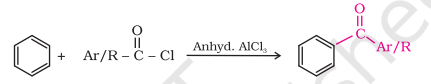 <ul><li><p>When <strong>benzene </strong>or substituted benzene is treated with a<strong>cid chloride</strong> in the presence of <strong>anhydrous aluminum chloride</strong>, a corresponding ketone is obtained</p></li></ul>