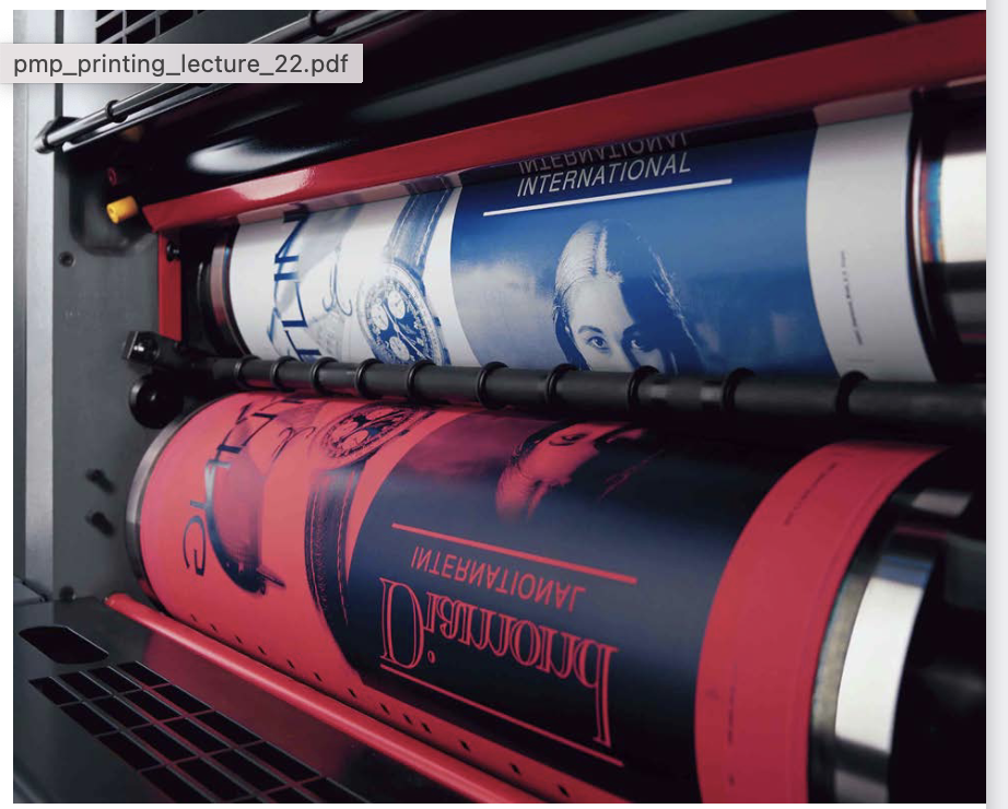 <p>Most common printing technique world wide.</p><p>plate - rubber blanket - print</p><p>holds a different color ink on each blanket - cmyk</p>