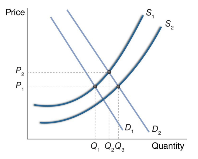 <p>The report caused the market demand curve to shift to the right. If the market was initially in long-run equilibrium, then we know that P1 is the price where firms make zero profits. At P2, the higher price associated with demand curve D2, we know that firms are making profits. This means that over time firms would be attracted to the egg market. As firms enter the market supply curve will shift rightward, shown as S2, and firms will keep entering until the market price falls back to P1. Note that overall market quantity has increased to Q3. See graph below.</p>