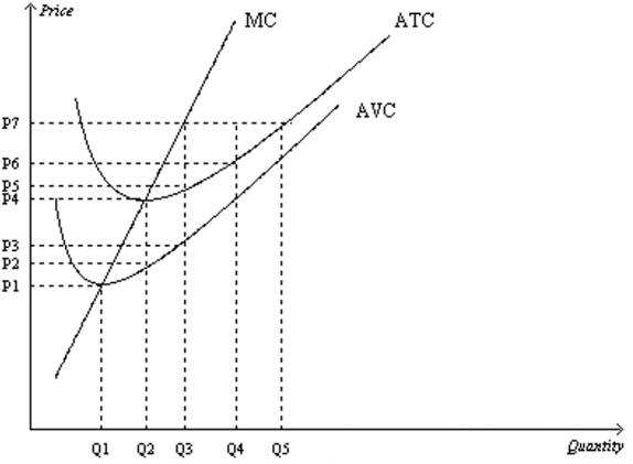 Suppose a firm operating in a competitive market has the following cost curves. In the short run, if the market price is higher than P1 but less than P4, individual firms in a competitive industry will earn