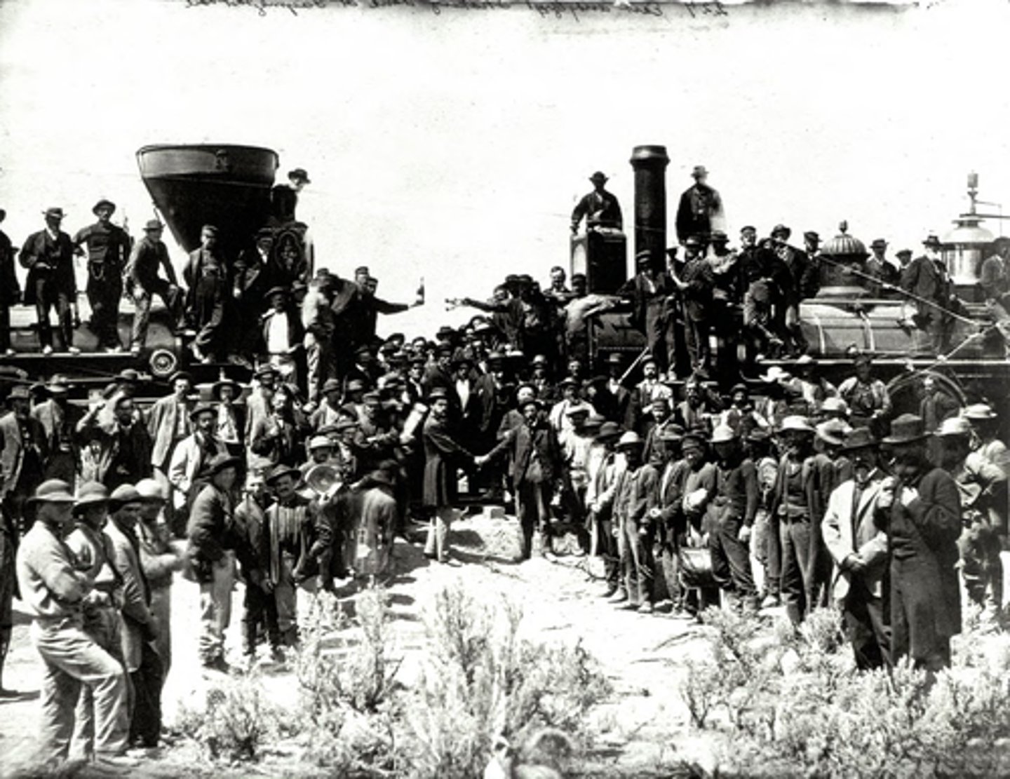 <p>African and Mexican-Americans also did much of the back-breaking working work. In 1869, the two routes met HERE. America's first transcontinental railroad was finished.</p>