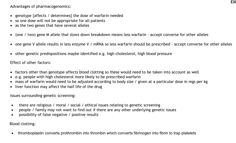 <p>a) </p><ul><li><p>(safe / not too high a dose) to avoid {uncontrollable bleeding / named examples of uncontrollable bleeding / internal bleeding} (1) </p></li></ul><p>• (effective / not too low a dose) to reduce (the risk of) blood clotting (1)</p><p>b)&nbsp;</p><p>• to carry a copy of the gene {out of the nucleus / into the cytoplasm / to the ribosomes} (1) </p><p>• (used for) {(correct) ordering of the amino acids / producing amino acid sequence / formation of (poly)peptide chain} (1)</p><p></p>