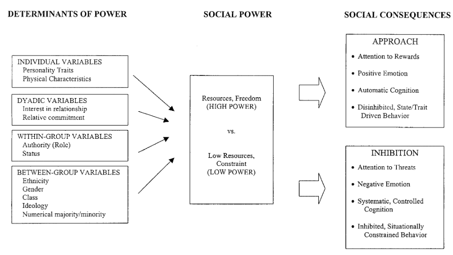 <ol><li><p>Determinants of power</p><ol><li><p>individual: personality, physical (attractiveness)</p></li><li><p>dyadic: interest in relationship (networking), commitment</p></li><li><p>within-group: authority, status</p></li><li><p>between-group: ethnicity, gender, class, ideology, minority groups</p></li></ol></li><li><p>Leads to high power (resources and freedom) or low power (low resources and constraint) </p></li><li><p>High power = approach social effects: attention to rewards, positive emotion, automatic cognition, disinhibited, state driven behaviour (system 1 thinking)</p></li><li><p>Low power = inhibition social effects: attentions to threats, negative emotion, systematic/controlled cognition, inhibited socially constrained behaviour (system 2 thinking)</p></li></ol><p></p>