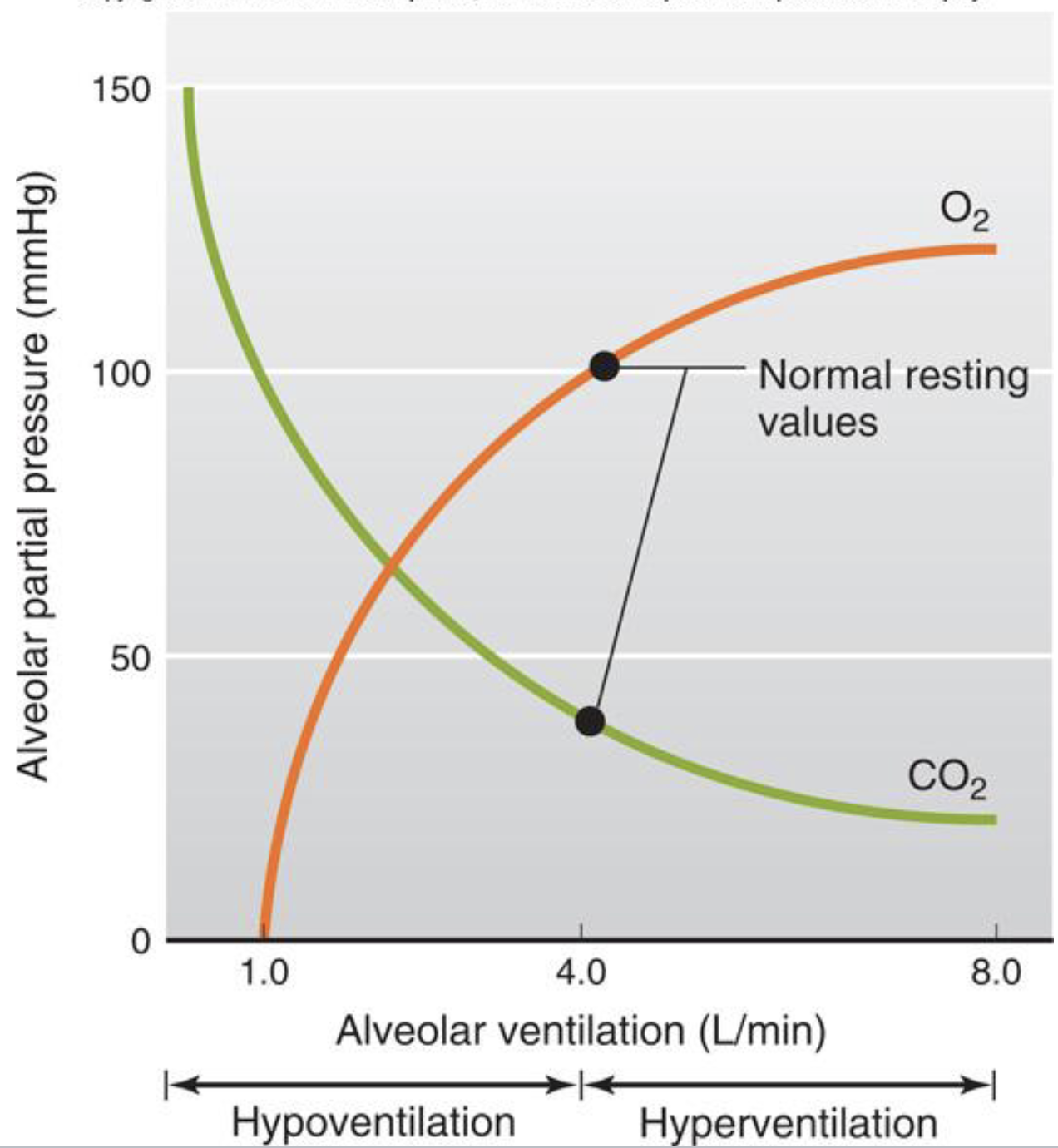 <p>hyperventilation is an alveolar ventilation that is higher than required for metabolism *hyperventilation is not a pattern of breathing</p><ul><li><p>PO2 increases above 100mmHg </p></li><li><p>PCO2 decreases below 40mmHg</p></li><li><p>PCO2 is linked to pH</p></li><li><p>hyperventilation causes alkalosis (pH over 7.4)</p></li></ul><p></p>