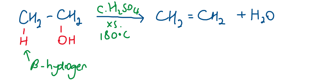 <ul><li><p>conc h2SO4 at 180 </p></li><li><p>Beta Hydrogen </p><p></p></li></ul><p></p>