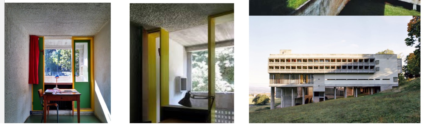 built by Le Corbusier
housed monks
Skylights bring daylight and color into spaces
Individual cells: narrow, austere units with views toward the landscape 