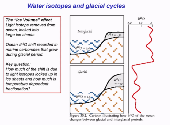 <p>Light isotope removed from ocean, locked into large ice sheets. </p><p>Glacial period 18O value more negative, as lighter, and ocean water is heavier. </p>
