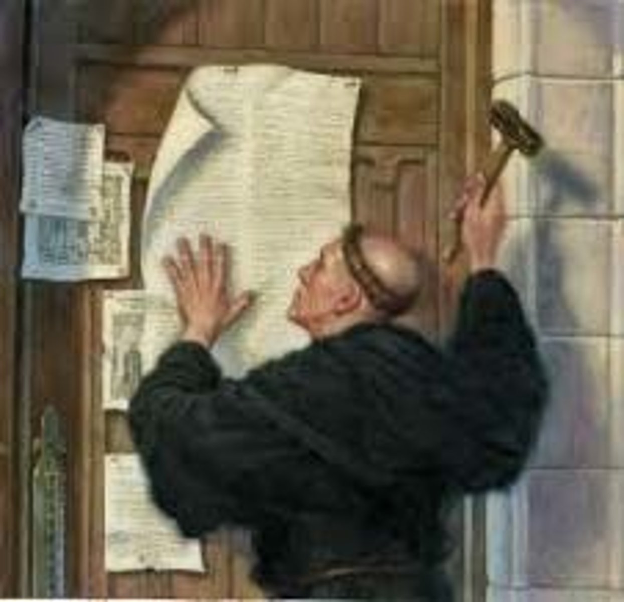 <p>The posting of the famous list of abuses and problems with the Catholic Church nailed on the door of the Church at Wittenberg, Germany in 1517 by Martin Luther that would start a movement that would see many in Europe break away from the Catholic Church.</p>
