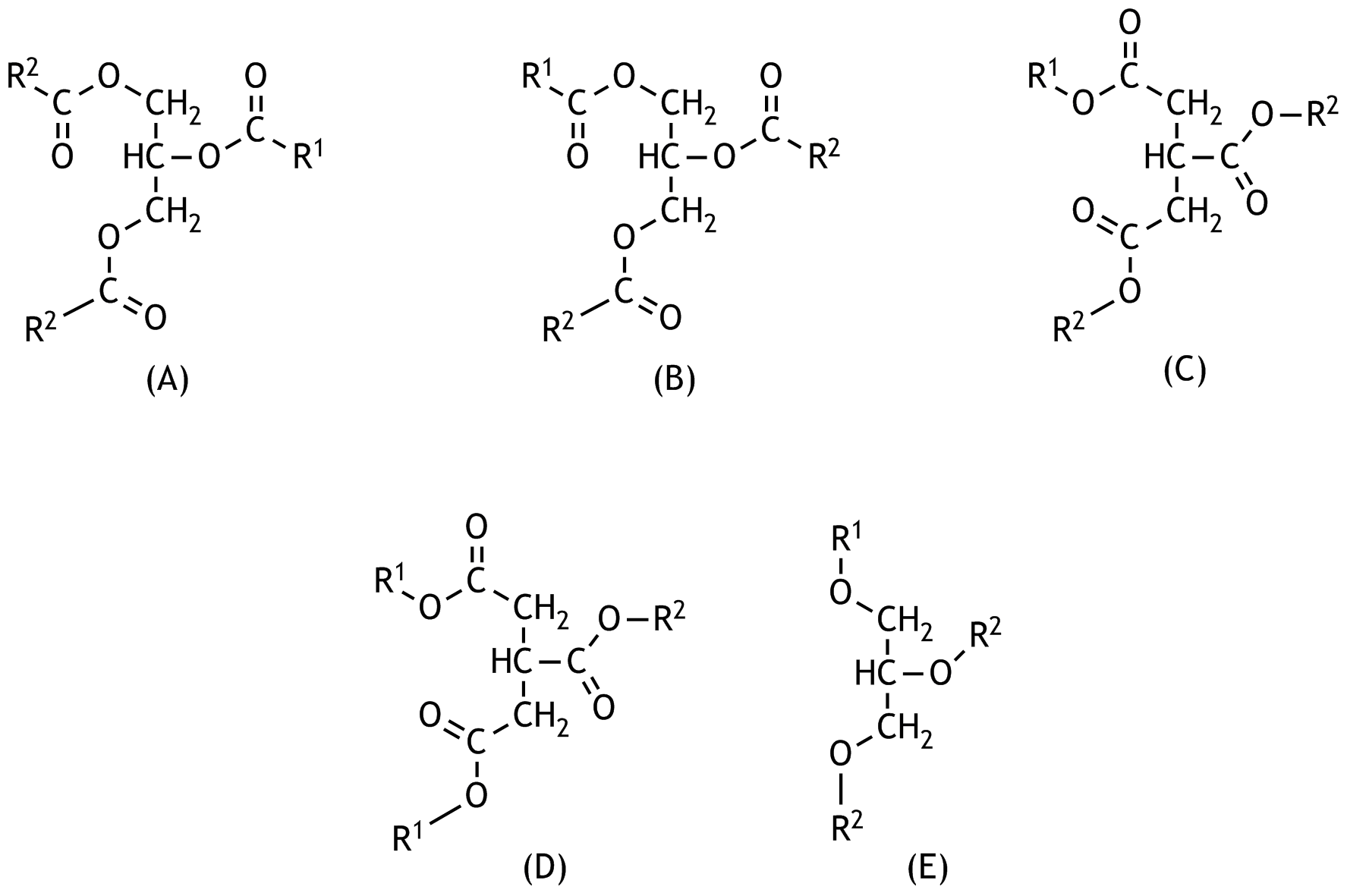 <p>9. Which of the following structural formulas represents a triacylglycerol in which one of the depicted carbon atoms is a chiral center, assuming R₁ and R₂ represent two different alkyl residues of the fatty acids?</p>