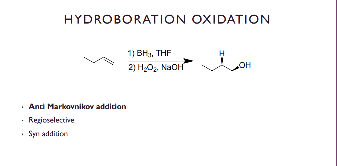<p>So in this reaction we have 2 major steps, the adding of a BH3 group which will re arrange into a BH2 which is then oxidized in step to and replaced by an OH group (aswell as the H that Leaves BH3). Because of this process it ends up being syn edition and ANTI markovnikov.</p>