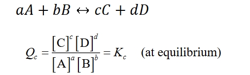 <ul><li><p>Q<sub>c</sub>&nbsp;= a fraction with product concentrations in the numerator and reactant concentrations in the denominator&nbsp;</p><ul><li><p>each conc. is raised to a power = to its stoichiometric coefficient in the balanced chemical equation</p></li><li><p></p></li></ul></li></ul><p></p>
