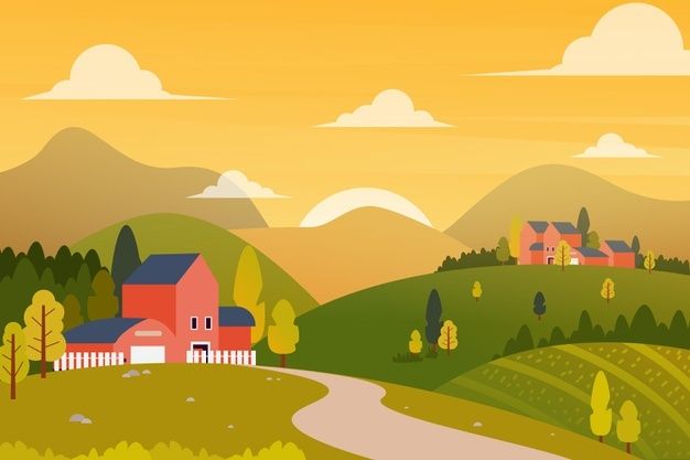 <p>Areas outside cities or towns, often with farms, fields and nature.</p>