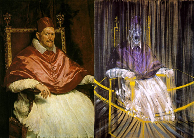 <ul><li><p><span>pictures of people screaming or in pain, often portrayed inside bathrooms or cages.</span></p></li><li><p><span>Study after Velazquez’s Portrait of Pope Innocent X</span></p></li></ul><p></p>