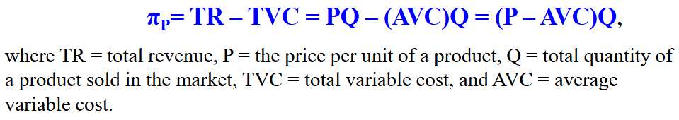 <p>The firm’s profit of selling the product = the firm’s variable cost profit = the firm’s producer surplus</p>