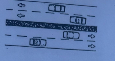 <p>Which of the cars shown may pass?</p><p>A. car 1 only</p><p>B. car 2 only</p><p>C. both cars</p><p>D. neither car</p>