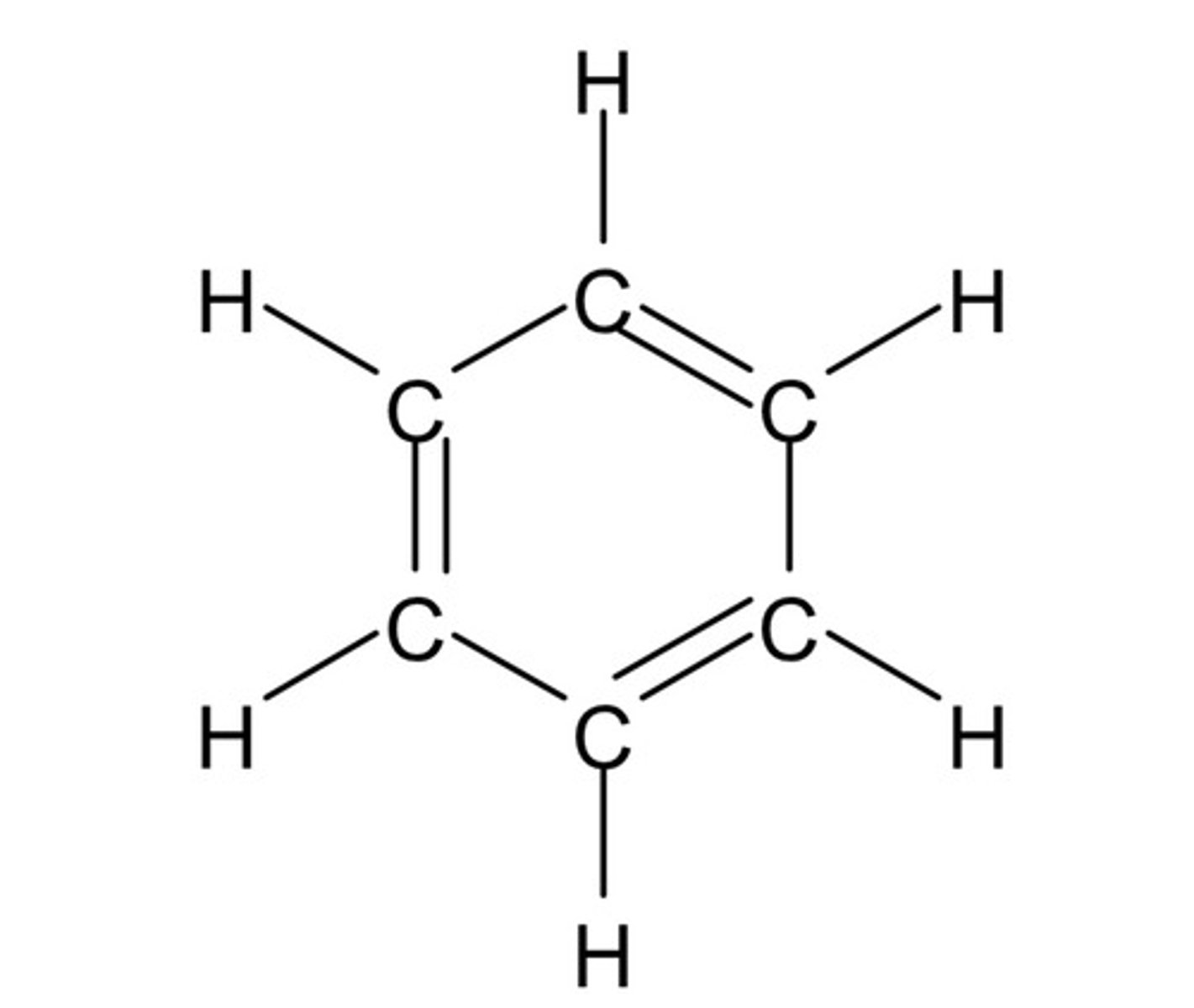 <p>planar ring with C atoms with alternating single and double bonds</p>