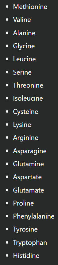 <p>State the 3 letter sequence and 1 letter code for each amino acid</p>
