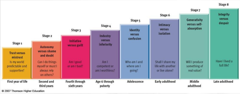 <p>Identity vs confusion Who am I and where am I going? adolescence</p>