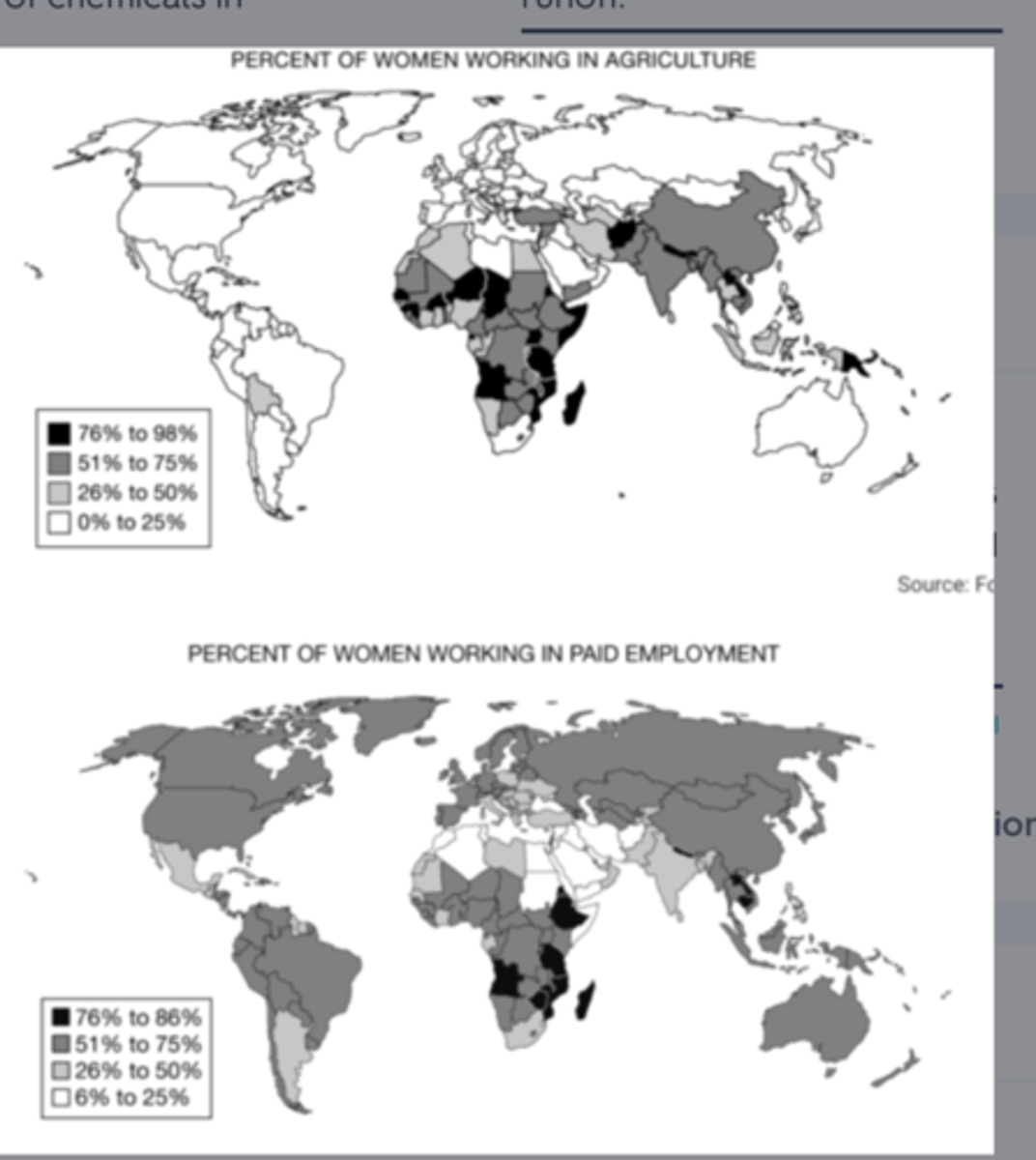 <p>many women in these regions work on farms and grow food for their families, but not all are paid to do this work.</p>