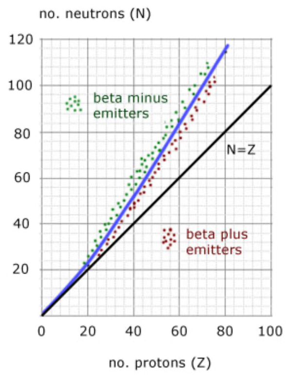 <p>Between 0-20 protons the rate at which the neutrons and protons increase is almost identical</p><p>Between 20-80 protons, the rate of increase of the neutrons is faster than the increase of protons</p>