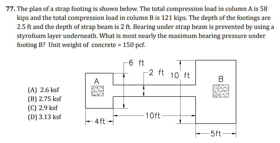 <ul><li><p>A strap footing is really like a reinforced concrete beam installed over spray foam between (2) spot footings. Its purpose is to make the two footings act uniformly so that the total force from both footings is combined and the pressure under each footing is equivalent, and equal to the total Force divided by the total footing/bearing area (not including the strap footing area obviously)</p></li></ul><p></p>