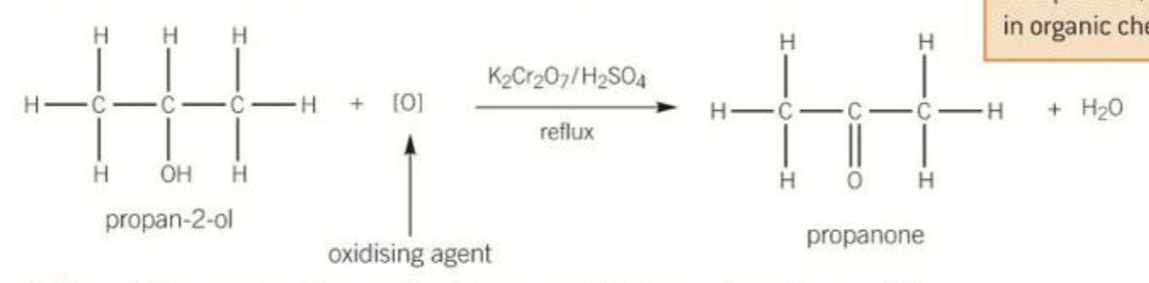 <p>K2Cr2O7 OR H2SO4 catalyst </p><p>Produces a ketone</p>