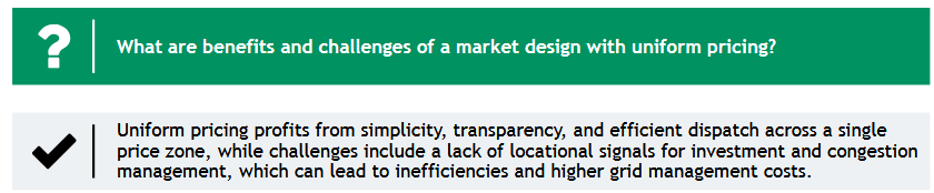 <p>Uniform pricing profits from simplicity, transparency, and efficient dispatch across a single price zone, while challenges include a lack of locational signals for investment and congestion management, which can lead to inefficiencies and higher grid management costs.</p>